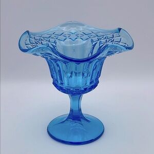Vintage Fenton, Diamond, Colonial Blue Glass, Ruffled Edge, Footed, Compote Dish